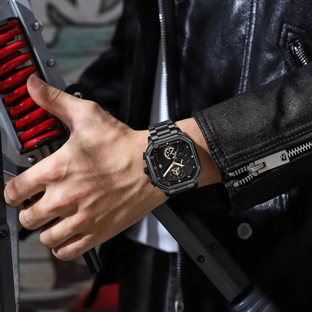 Men's Waterproof Multifunction Wristwatch with Night Light Stainless Steel Band and Square Dial Chronograph Date Display
