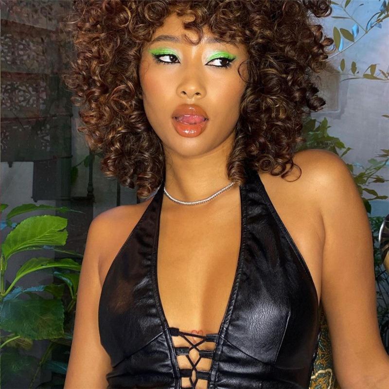 Fashion Goth Dark Grunge Pu Black Lace Up Gothic Halter Tops Punk Faux Leather Women Hollow Out Sexy Camis Fashion Streetwear Crop Tops
