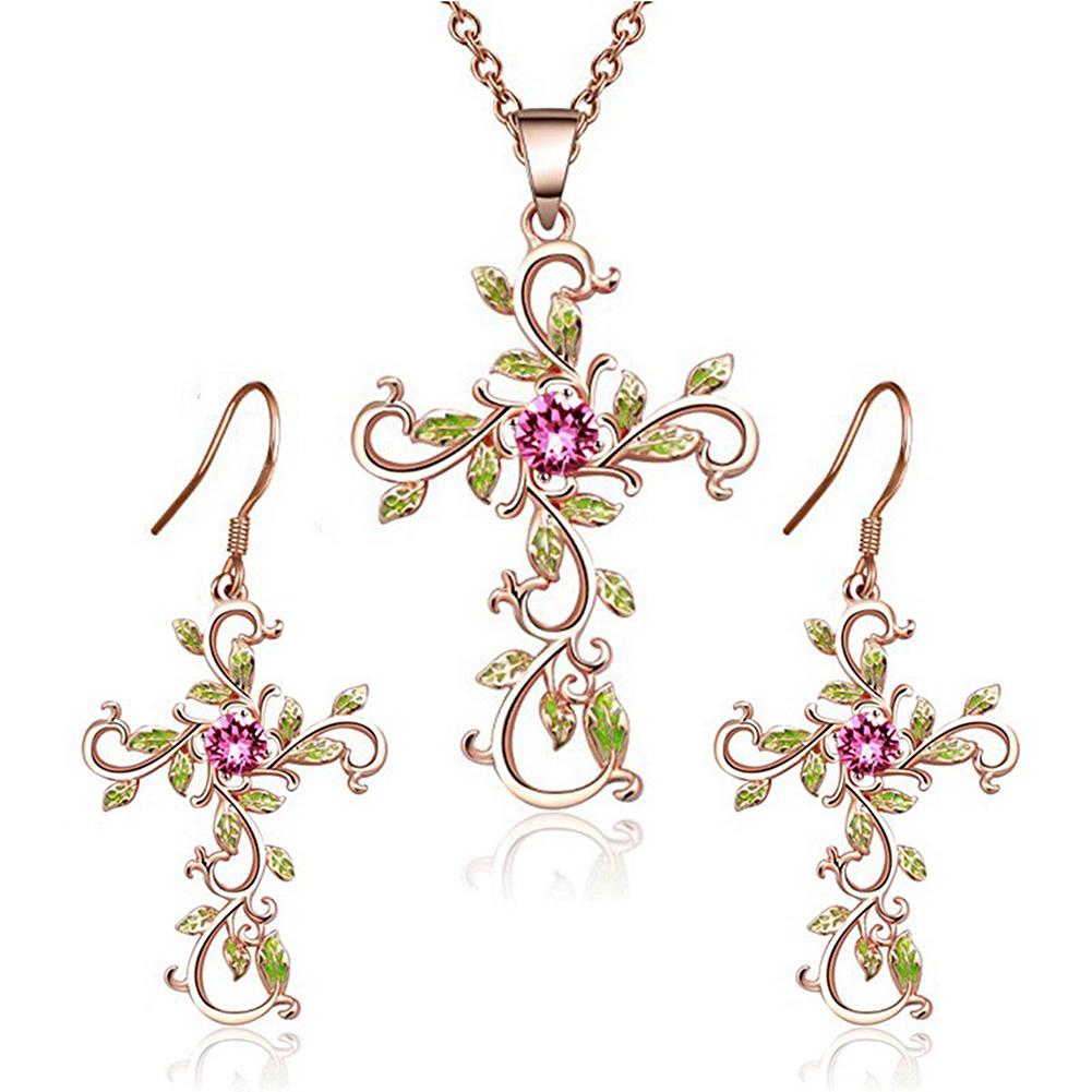 Women Stylish Elegant Cross Color Earrings Necklace Pendant Set for Wedding Party