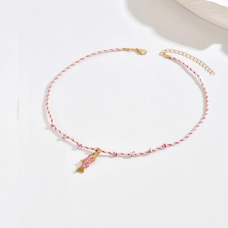 

Stainless Steel Enamel Drip Oil Fish Pendant Necklace for Women Fashion Weaving Colorful Rope Clavicle Chain Ocean Zircon Gift розовый