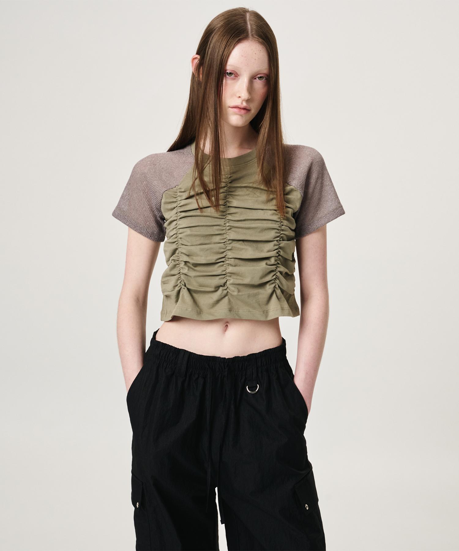 Etmont Knit Sleeve Shirring T-Shirt, Khaki Khaki/Free