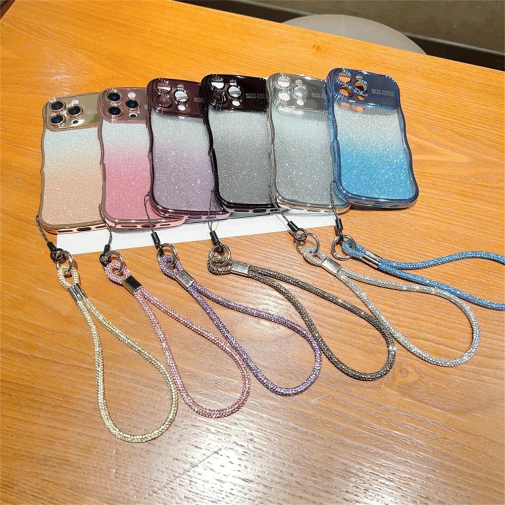 For iPhone 16 Pro Max Case with Strap Gradient Glitter Electroplating TPU Phone Cover