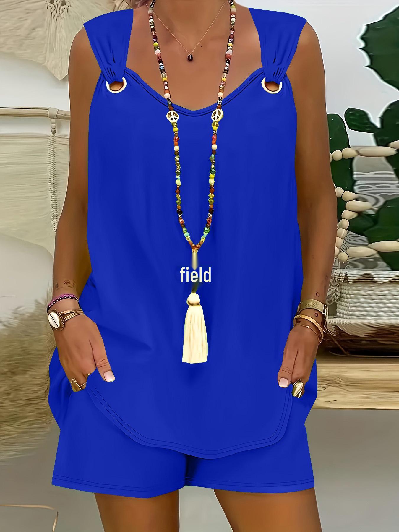 

Stylish Two-Piece Set: Sleeveless Vest & Solid Color Shorts синій