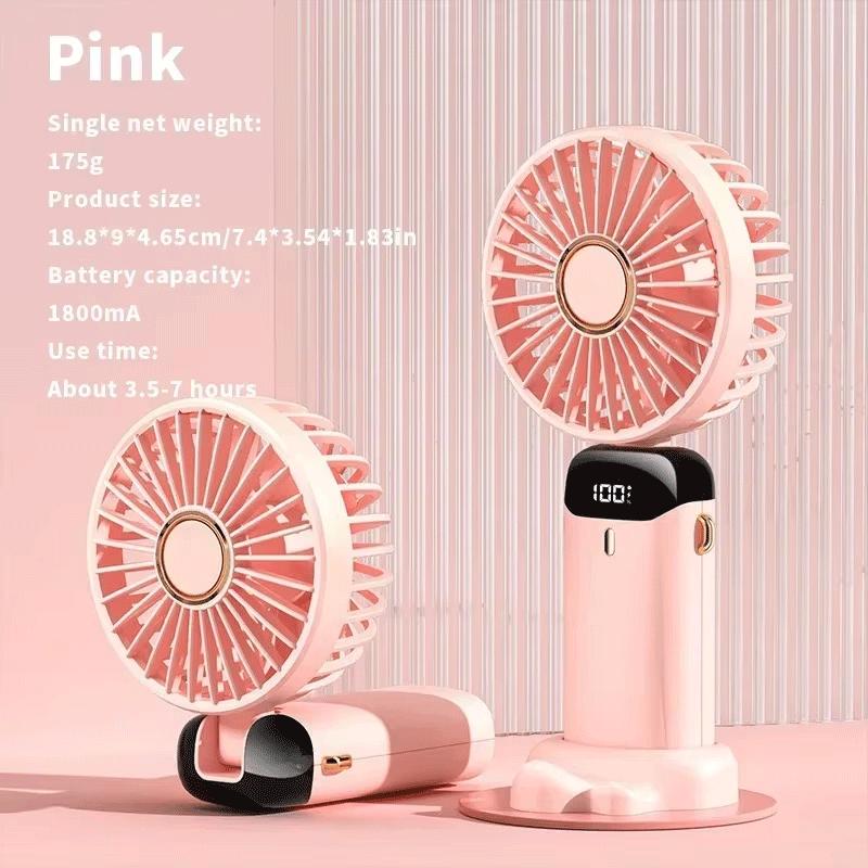 Portable Handheld Mini Fan 3000mAh Foldable Neck Hanging Fans 5 Speed Adjust USB Charge Fan with Phone Stand and Display Screen