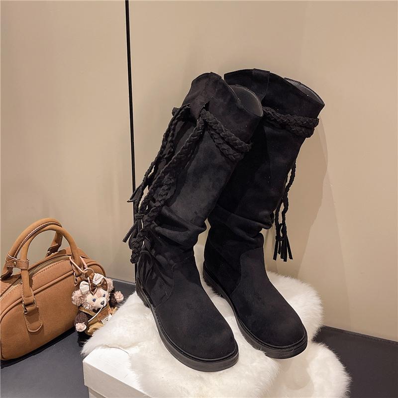 Wasteland Wind Fringed Knight Boots Thick Heel But Knee Boots 2025 Autumn and Winter Retro Slim Pile Medium Women's Boots