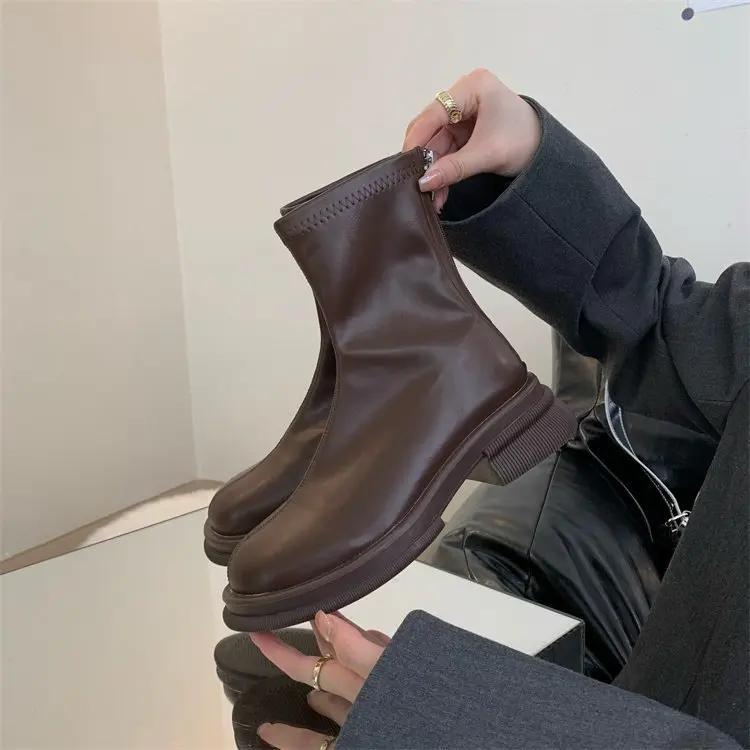 

Мода 2025 Новая платформа Обувь Женские ботинки Круглый носок Молния Весна Осень Мода До щиколотки Женские Ботильоны Женские Ботинки Челси ботильоны 35 коричневый