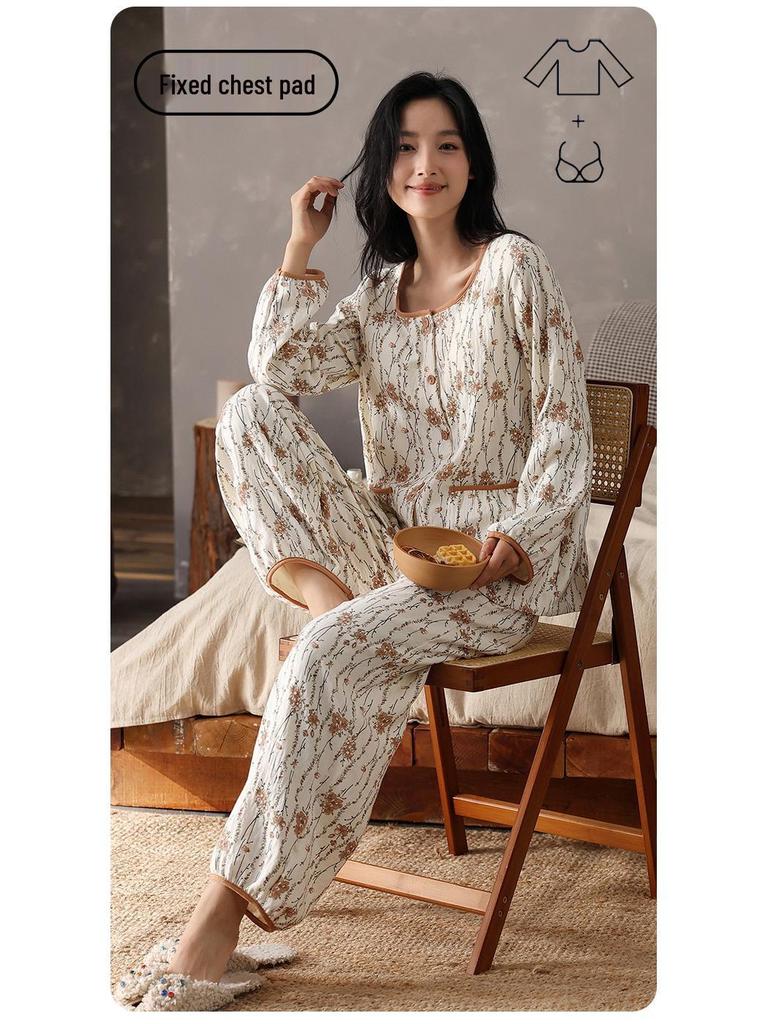 2025 Women's Cloud Cotton Cardigan Set with Chest Pads - Spring & Autumn Pure Cotton Long Sleeve Homewear