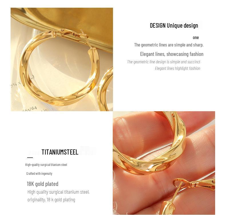 18K Gold-Plated Titanium Steel Twisted C-Shaped Earrings - Hong Kong Style