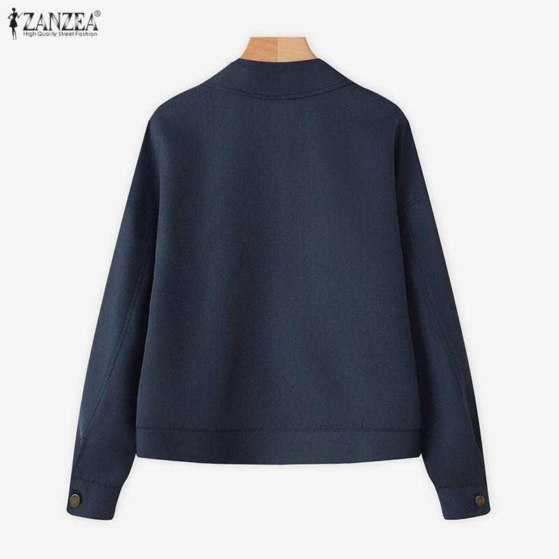 ZANZEA Blusa feminina casual gola virada para baixo solta manga comprida