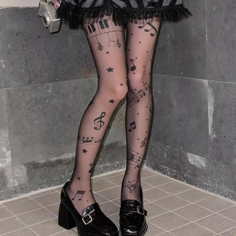 Vintage Y2K Lolita Music Note Piano Print Pantyhose for Women Sexy Stockings Korean Sweet Cool Hosiery Thin High Elastic Socks