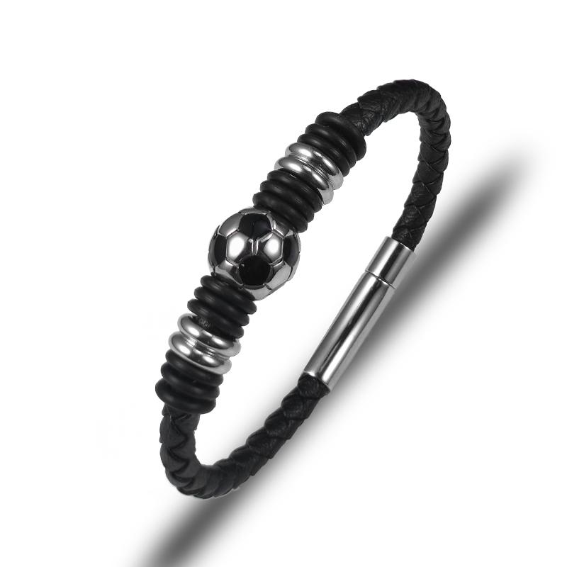 

Fashion Stainless Steel Football Geometric Irregular Pattern Single Layer Braid Leather Bracelet Accessories for Men s Jewelry 18cm
