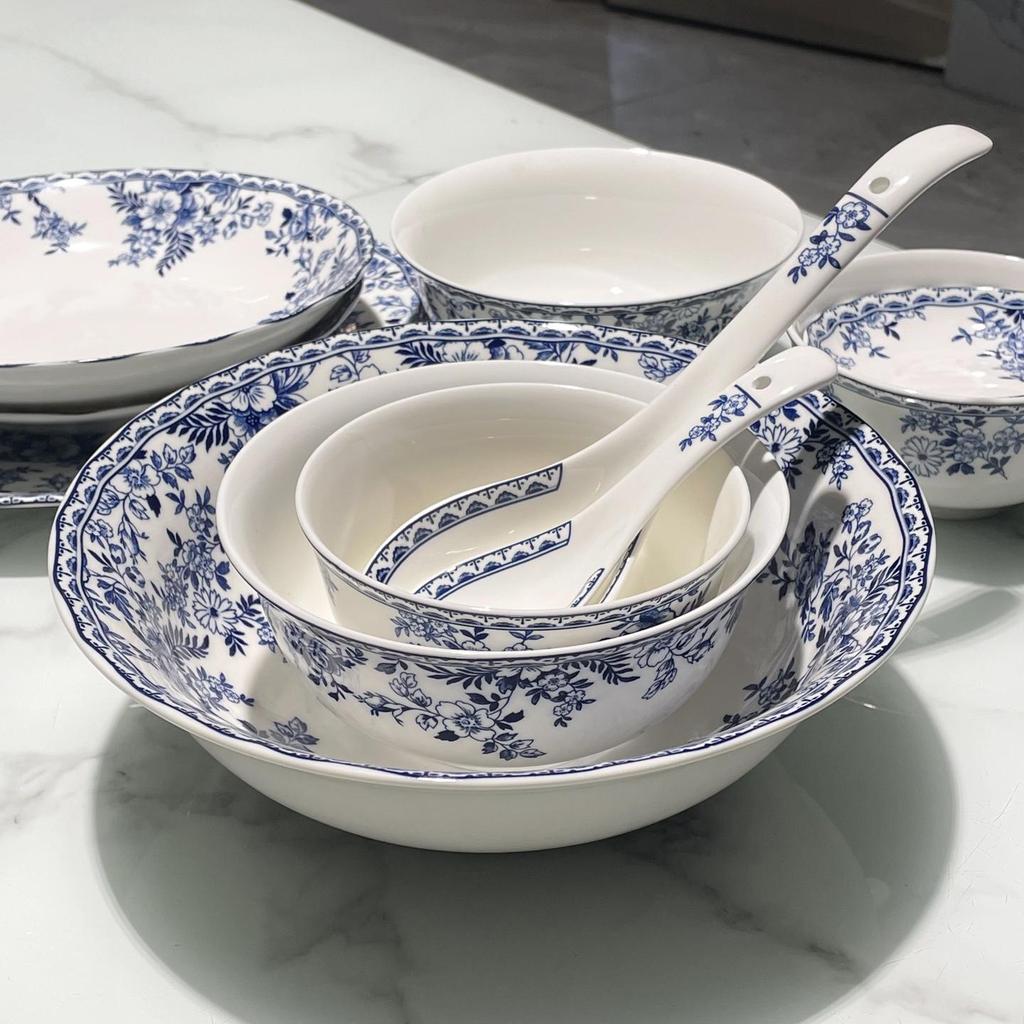 Blue and White Porcelain Pastoral Style Large Noodle Bowl, Microwave-Safe Ceramic Vegetable Dish, Underglaze Tableware