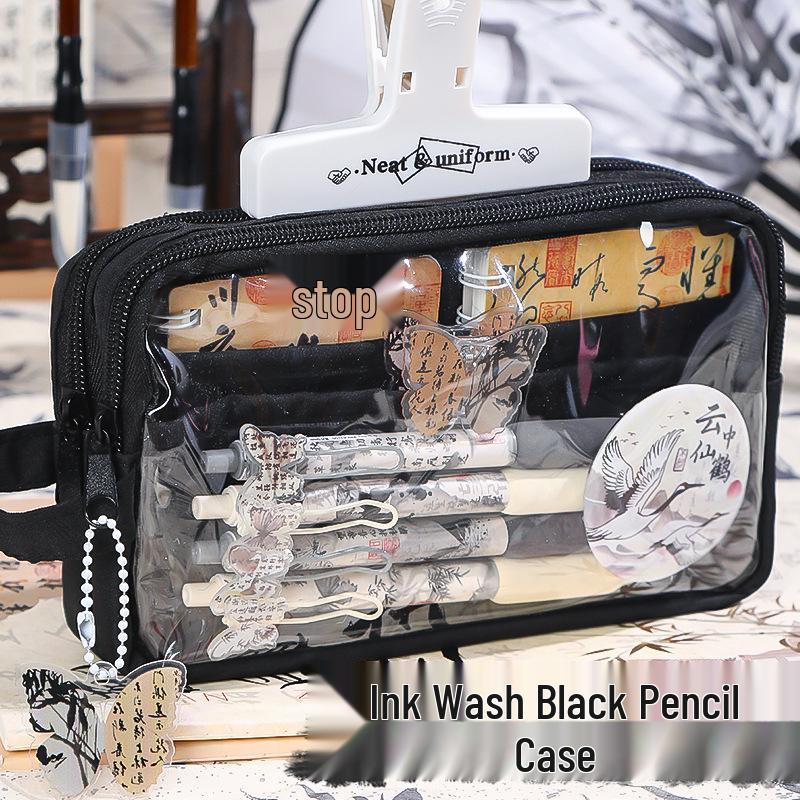 Ancient Chinese Ink Wash Pencil Case: Large Capacity, Transparent, Stylish Stationery Box for Students