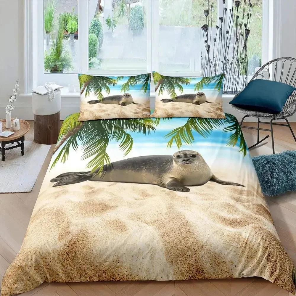 

Пододеяльник с изображением тюленя размера King, милый комплект постельного белья с изображением тюленя, милый экзотический стиль океана, 2/3 шт., полиэстеровое одеяло с изображением морской жизни EU single(135x200cm)
