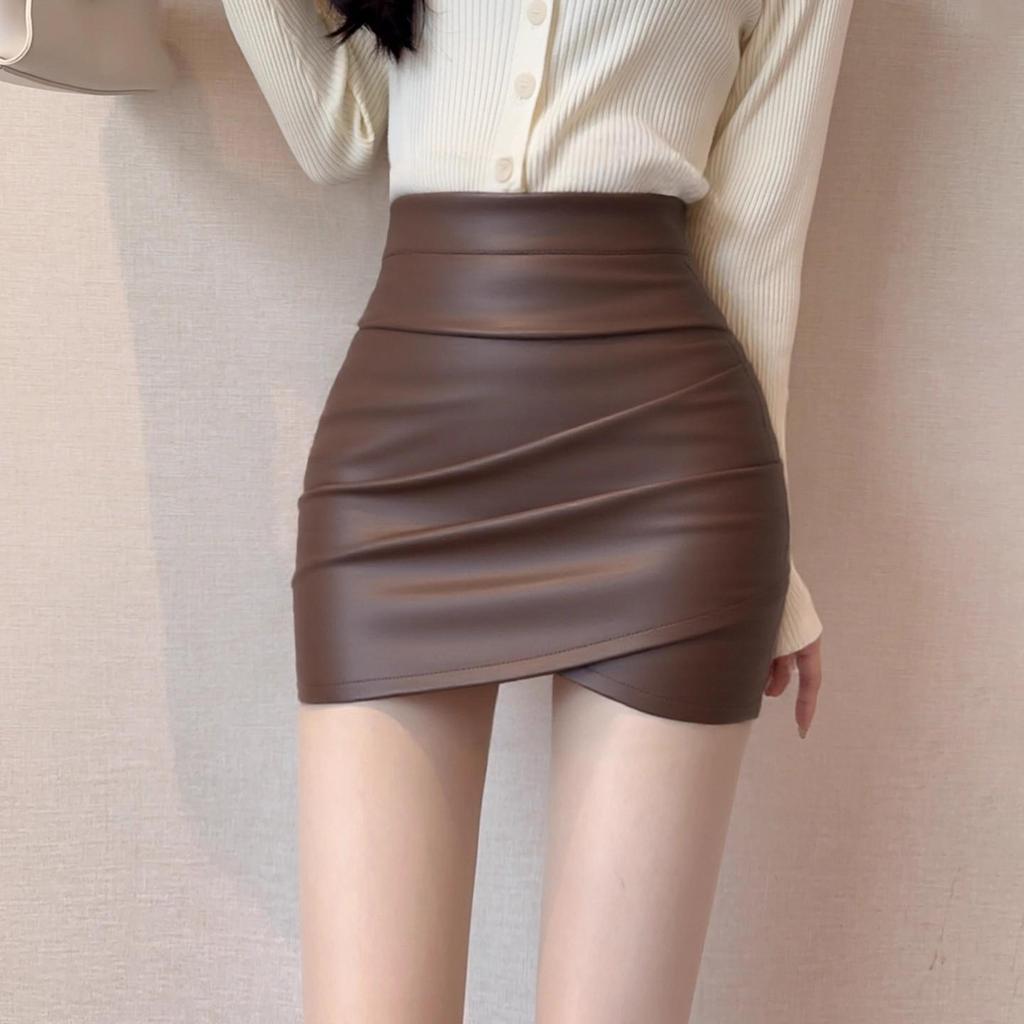 Black Irregular PU Leather High-Waist Hip-Hugging Skirt - Sexy Tight One-Step for Autumn/Winter