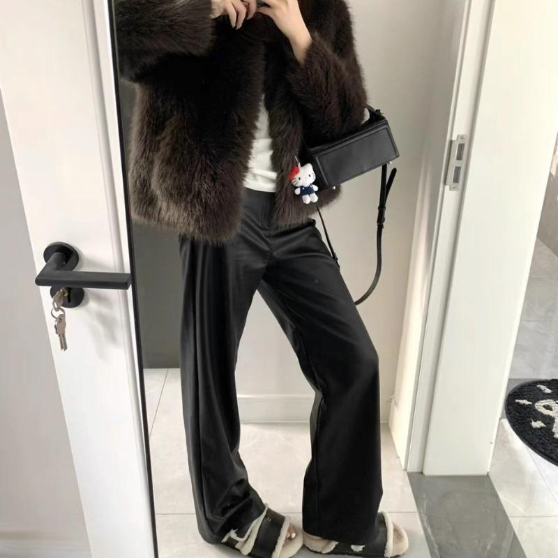 Leather Pants Women's Casual Slimming Trousers High Waist Straight Wide Leg Floor Trousers