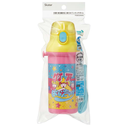 Skater Children's Plastic Water Bottle, 480ml, One-Push Opening, Antibacterial, Child-Friendly, Lightweight, Antibacterial Treatment, Made in Japan, T