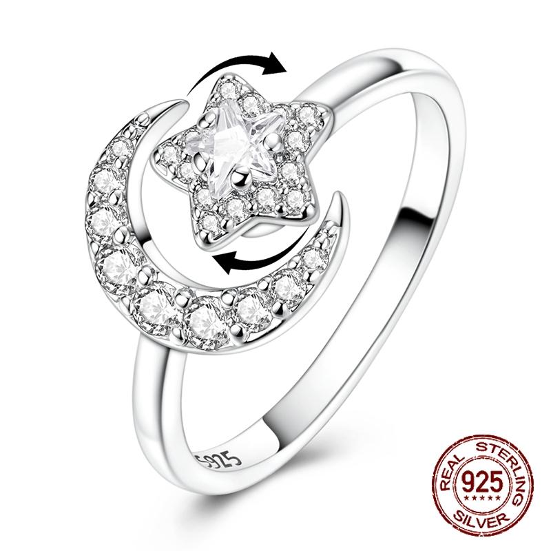 

925 Sterling Silver Rotatable Star & Moon Ring Cubic Zirconia Paved Minimalist Ring for Women Girls Valentine s Day Jewelry Gift resizable