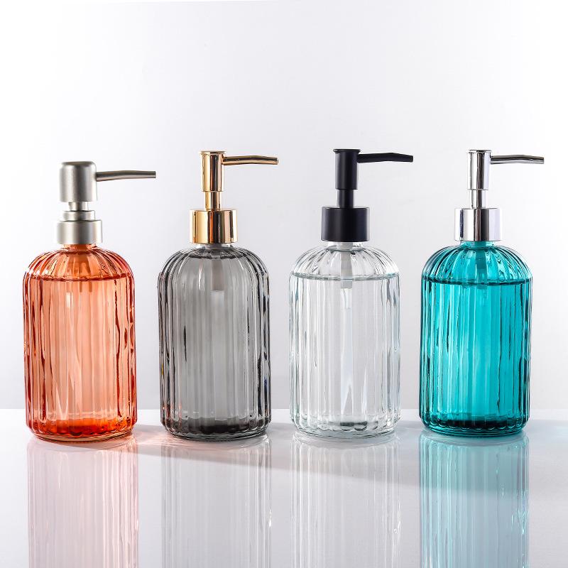 Colored 400ml Glass Hand Soap Bottle – Transparent, Thickened, Press-Type with Vertical Stripes.