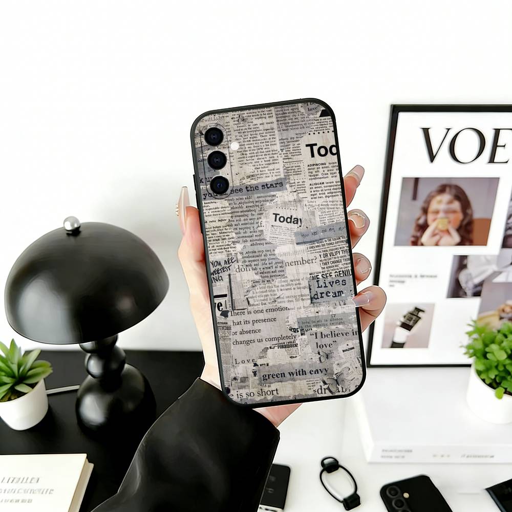 Vintage Newspaper Print Phone Case Black Silicone Soft For Samsung Galaxy A73,A72,A71,A70,A53,A52,A51