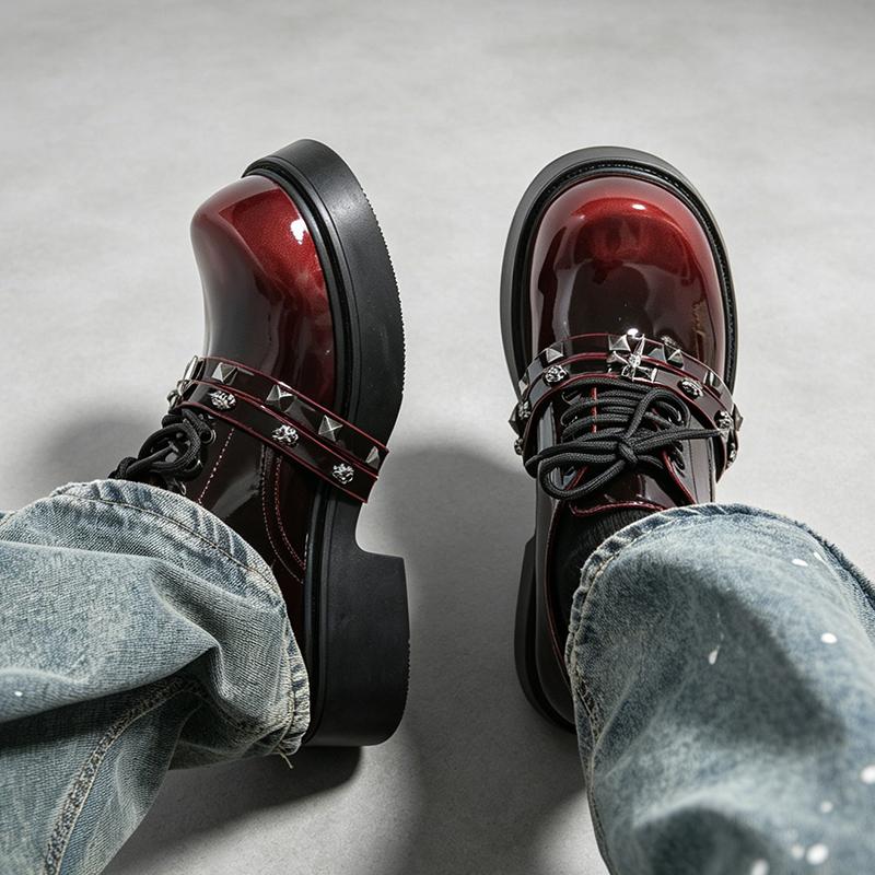 Men Punk Loafers Dress Boots Elevator Shoes Black Red Round Toe Big Head Leather Shoes Thick Sole Platform Shoes Plus Size