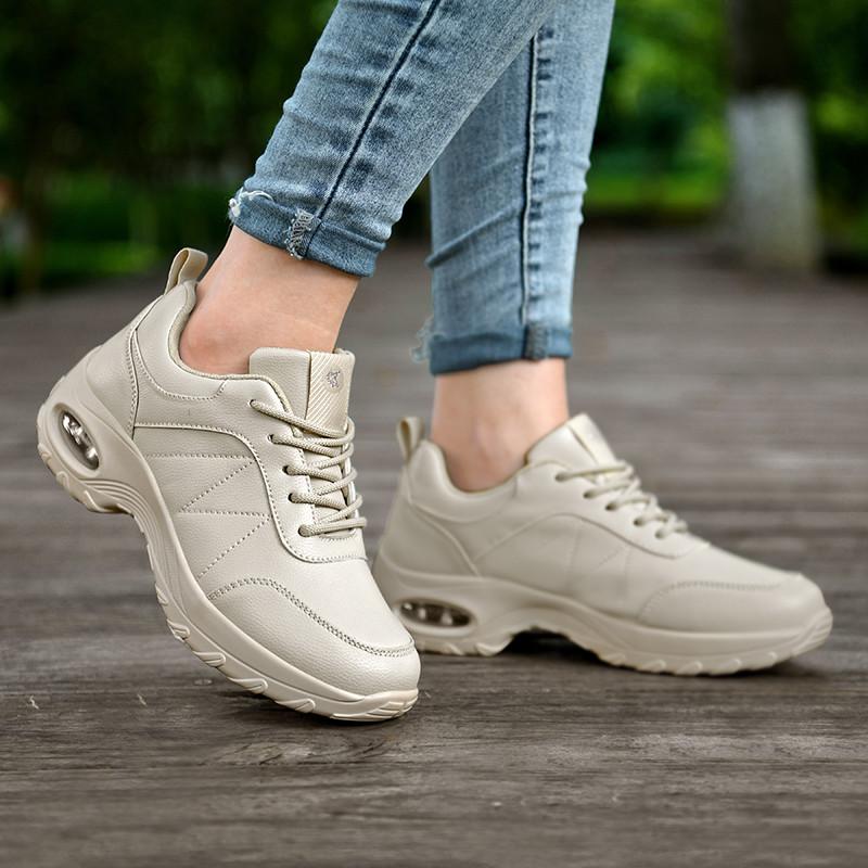 Waterproof Women's Walking Shoes Fashion Air-cushion Casual Sports Shoes Ladies Lace-up PU Leather Platform Shoes