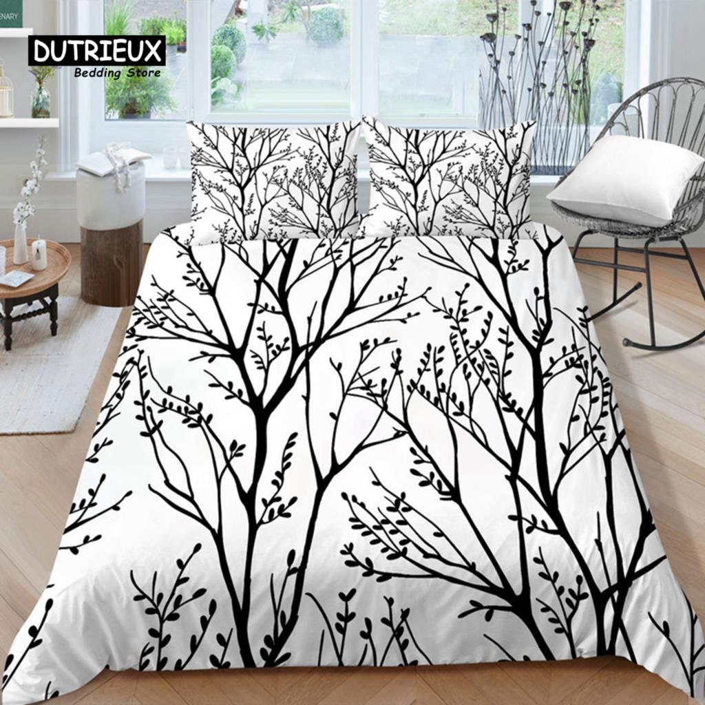 Gradient Color Duvet Cover Woodland Botanical Bedding Set Nature Rustic Tree Branch Leaf Comforter Cover Queen For Kids Adults