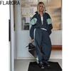 FLARORA Mode Color-Blocking 2-teilige Sets Damen Langarm Reißverschluss Lockere Jacken und Gerade Bein Hosen Outfits Street Trainingsanzüge