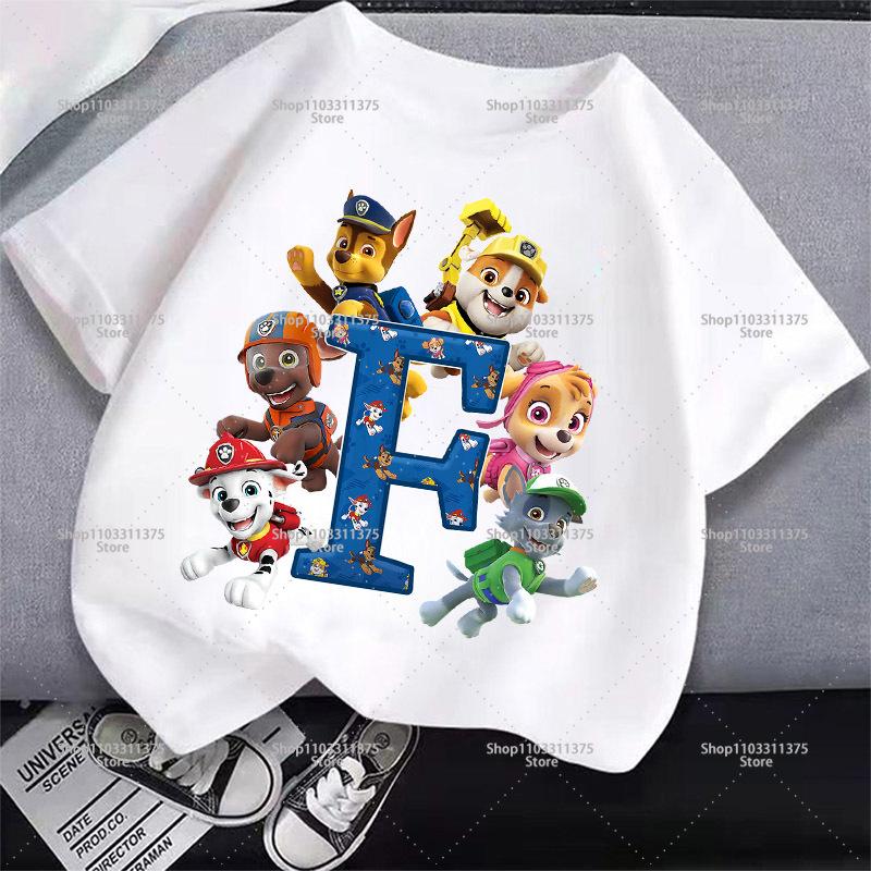 Cute PAW Patrol T-shirt Letter A-Z Boys Girls Clothes Short Sleeve Summer Cartoon Kids Birthday Toddler Cotton Outdoor Wear Gift
