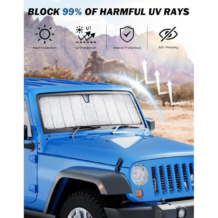 JOYTUTUS Upgraded Windshield Sun Shade Compatible With Wrangler JK JKU TJ, Foldable JK Windshield Sunshade Sun Visor Blocks UV Rays, Sun Shade Shield