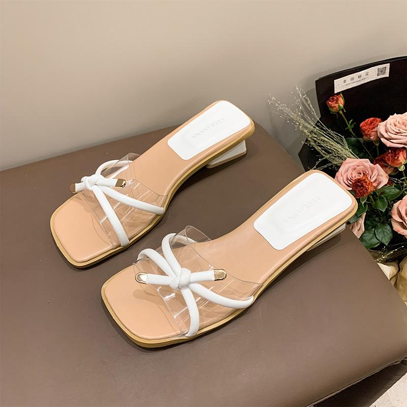 Transparent sexy outer slippers 2025 summer new bow fairy style thick heel square head open toe sandals