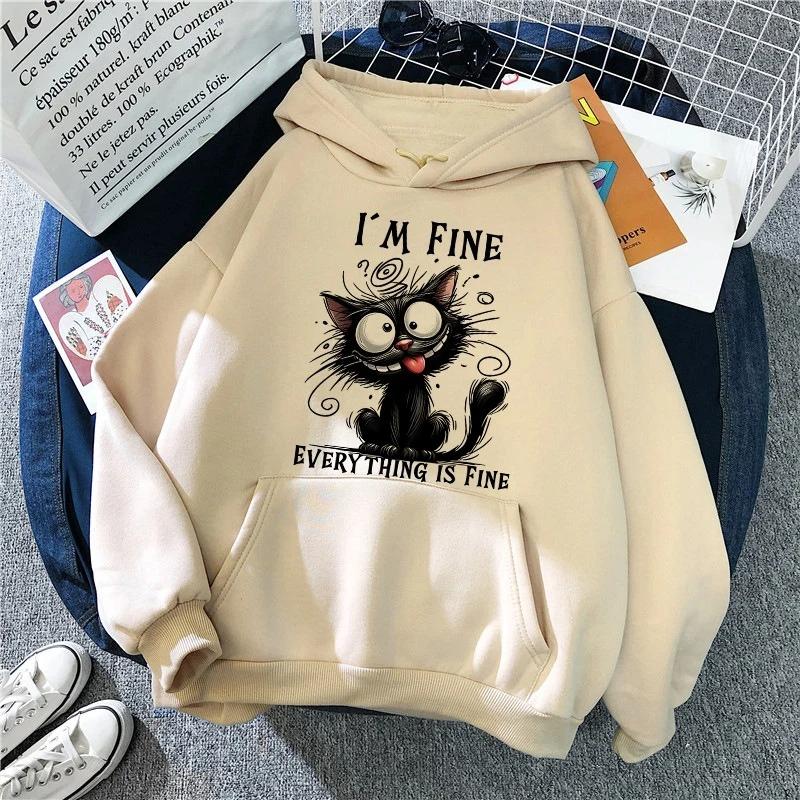 Unisex 2025 Autumn Winter Y2k Sweatshirts Casual Hooded Clothes Kawaii Pullovers I'm Fine Everything Is Fine Sarcastic Cat Printed Tops