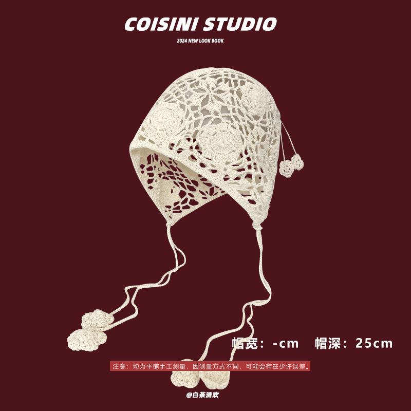 Fashion Handwoven Hollow Baotou Hat Women's Crochet Ethnic Style Tassel Ear Protector Strap Sleeve Knitted Hat