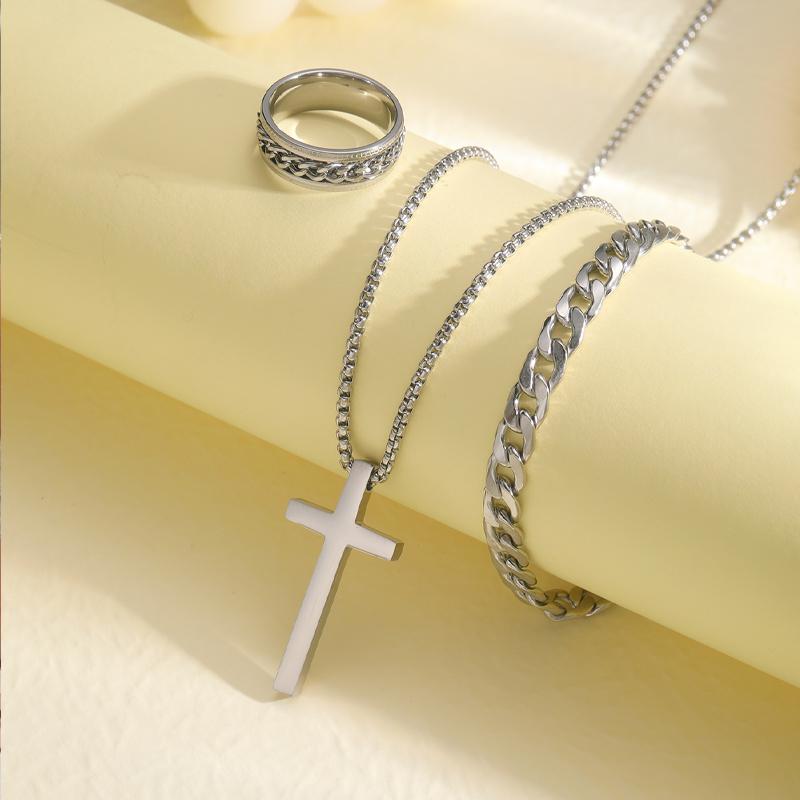 3 Pcs Men's Stainless Steel Jewelry Sets Gothic Hip Hop Style With Cross Pendant Necklace Ring Bracelet Set Fashion Simple Gifts