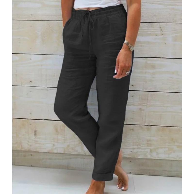 Women's Summer Elastic Waist Pocket Wide Leg Trousers Nine Points Pants