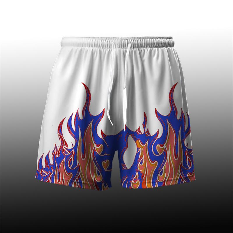 Flame Pattern Cool Harajuku Men's Board Short Y2k Personality Fire Stripe 3D Print Beach Shorts Breathable Loose Fashion Trunks