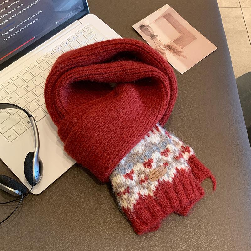 Fair Isle Neujahr Gestrickter Wollschal Rot Damen Winter Neu Koreanische Atmosphäre Warmer Schal