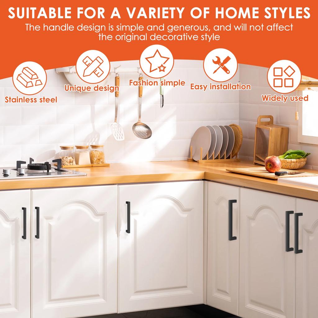 10Pcs Stainless Steel Cabinet Handle Black Modern Square Bar Drawer Handle With 160mm Hole Spacing for Kitchen Bedroom Bathroom