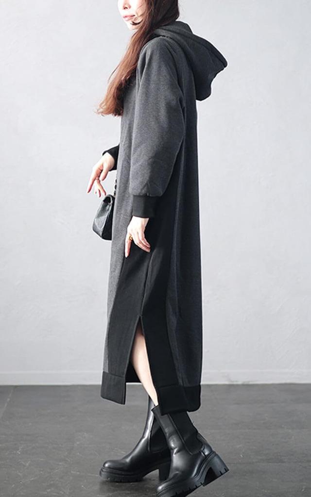 Gold Japan Plus Size Long Fleece Women's Dress, Sleeve, Two-Tone Hoodie, Lining, Anti-Static, Stretch, Fall/Winter, Charcoal, 4L, plan-460014