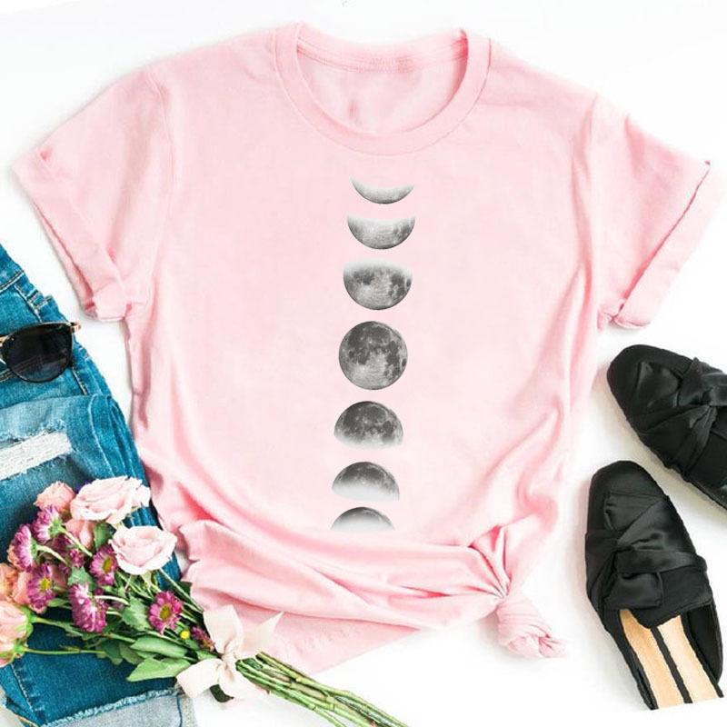 Summer Fashion Printed Moon Moon Eclipse Loose Half Sleeve Letter Cotton T-Shirts Women’s