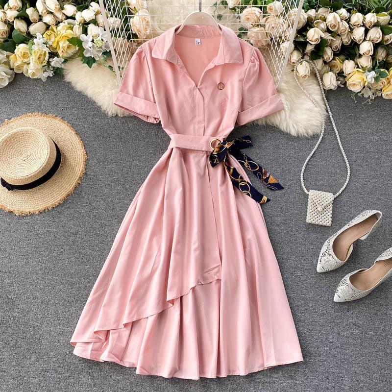 

Летние офисные женские однотонные платья с отложным воротником и короткими рукавами, женское платье с ленточным поясом, нерегулярное платье One Size