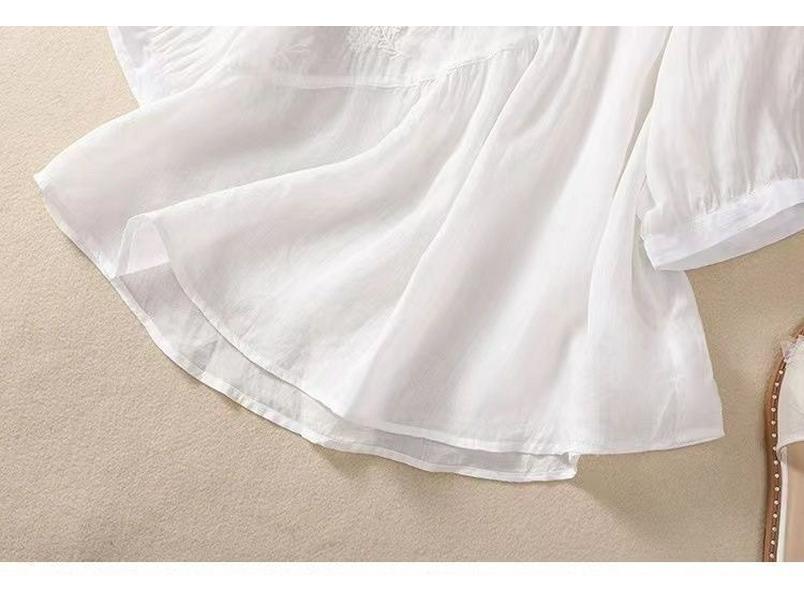 Women's 2023 Literary Embroidered Cotton Linen Blouse - Summer Loose Round Neck Pleated Pullover Top