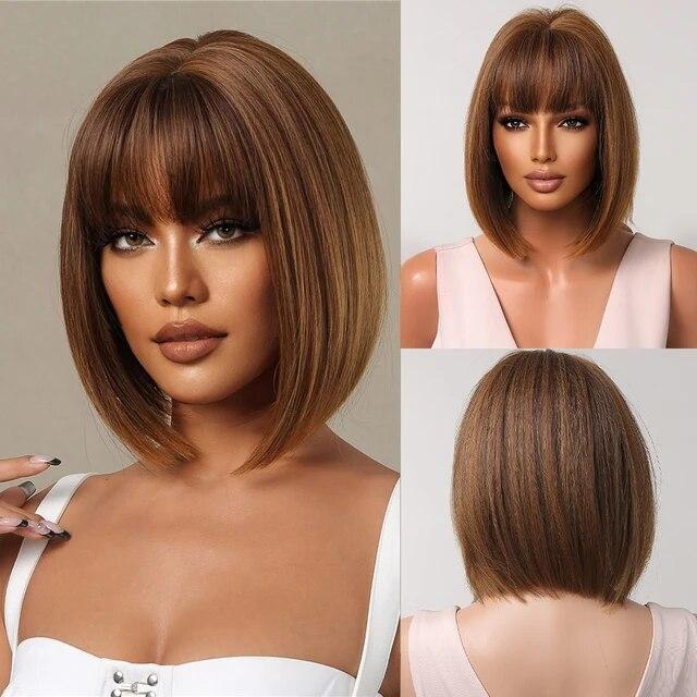 Purple Pink Ombre Black Short Straight Synthetic Wigs with Bangs Bob Wig for Women Daily Cosplay Party Heat Resistant Fake Hairs
