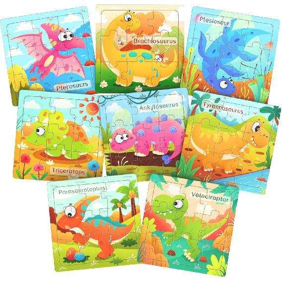 Wooden Puzzles for Toddlers, 8 Pack Dinosaur Jigsaw Puzzles for Kids3-5, 9 Pieces Preschool Learning Activities, Learning & Educational Puzzles, Gift