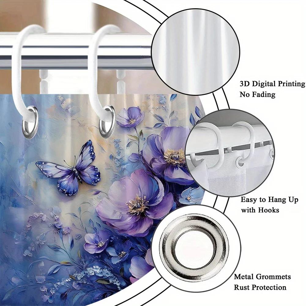 Purple Blue Floral Bouquet Butterfly Shower Curtain,Dreamy Digital Painting,Textured Flowers &Butterfly,Soft Gradient Background