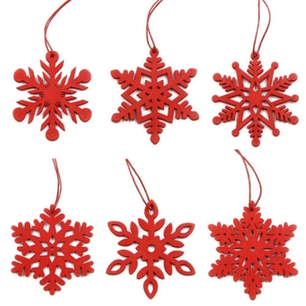 6 Pcs White Red Wooden Snowflakes Christmas Decorations 2024 Xmas Tree Hanging Pendant Home Wall Novelty Ornaments 6.9x6.9CM