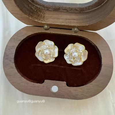 Elegant Zircon Pearl Camellia Stud Earrings: Chic, Luxurious & Versatile