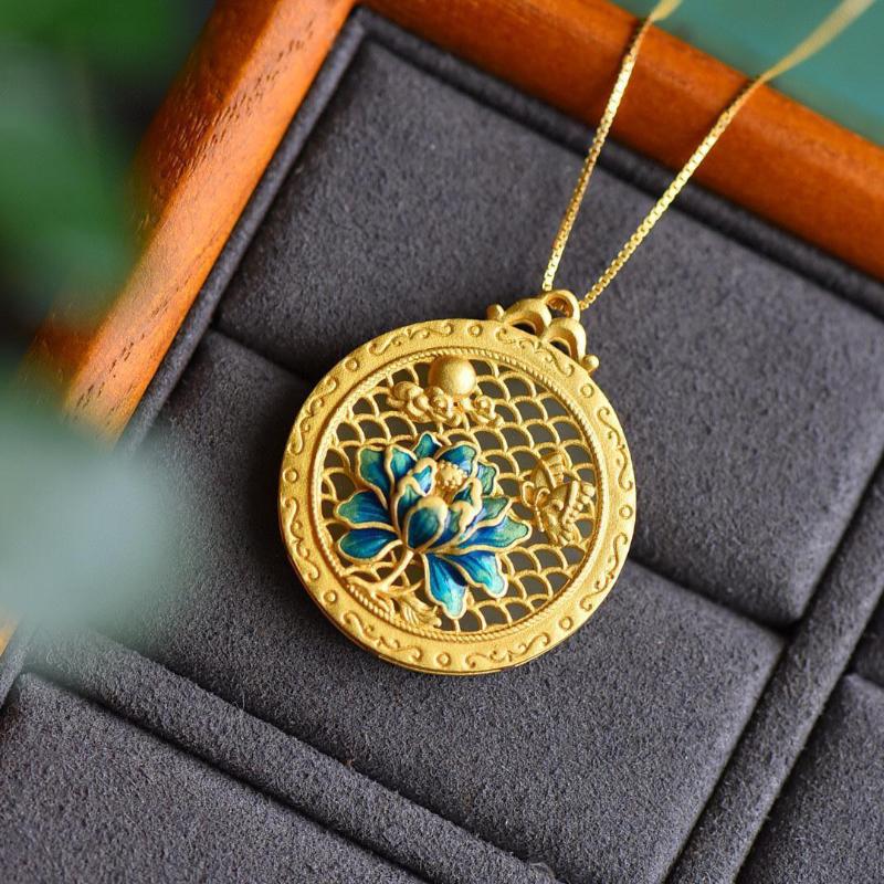 Natural Hetian Jade Ancient Gold Craft Enamel Porcelain Chinese Style Lotus Necklace Retro Round Plaque Pendant Ladies Jewelry