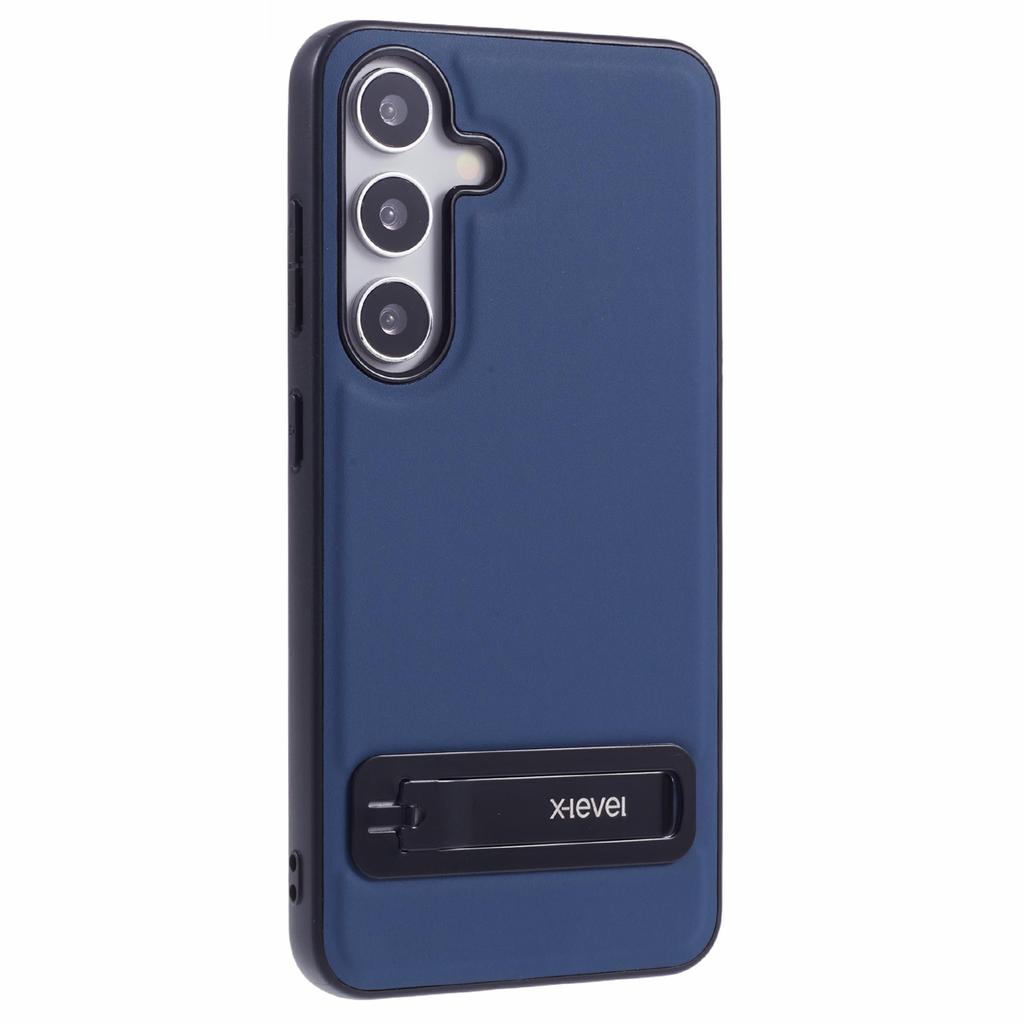 X-LEVEL For Samsung Galaxy S25 Phone Case Leather Coated PC TPU Back Cover with Metal Kickstand