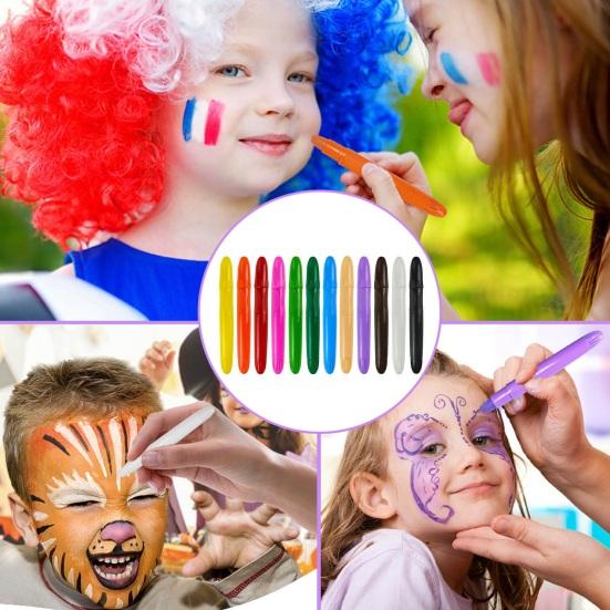 12Pcs Face Body Paint Sticks Kit 12 Color Water-Based Easy Clean Makeup Face Body Painting for Kids Art Theater